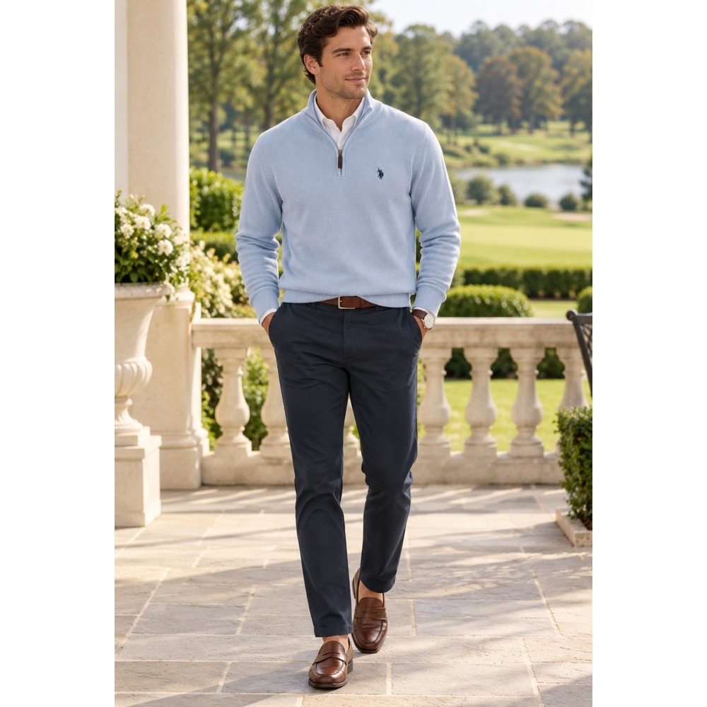 U.S. Polo Assn Men's M Light Blue Quarter Zip Ribbed Sweater Preppy Pullover